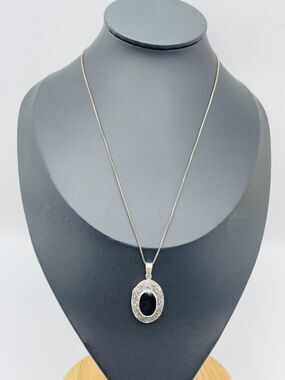 Black Onyx Locket Pendant 18" Box Chain Sterling Silver Necklace 925 Oval Stone